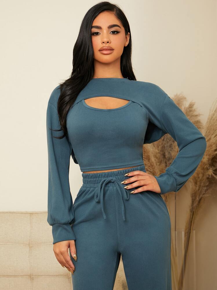 3入組大圓領背心上衣和超短版套頭衫和褲子休閒服套裝 - 霧霾藍 - 查看 6