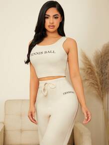 Letter Graphic Crop Tank Top & Tie Front Trousers PJ Set - Apricot - View 4