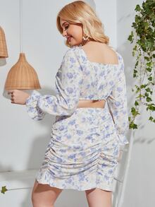 大碼印花荷葉袖上衣和褶邊荷葉邊半身裙 - 彩色 - 查看 2