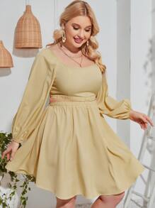 Đầm Plus Size Cắt ra Dải chun màu trơn Giải trí - Màu vàng - Xem 3