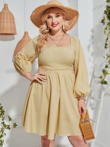 Đầm Plus Size Cắt ra Dải chun màu trơn Giải trí - Màu vàng - Xem 4