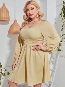 Đầm Plus Size Cắt ra Dải chun màu trơn Giải trí - Màu vàng - Xem 5