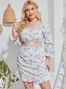 大碼印花荷葉袖上衣和褶邊荷葉邊半身裙 - 彩色 - 查看 6