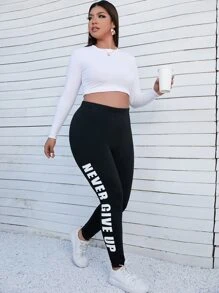 Flirla Plus Slogan Graphic Elastic Waist Leggings