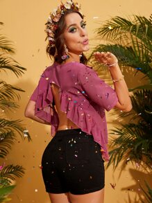 Blusa unicolor de espalda abierta fruncido transparente sin sujetador - Rosa Fucsia - Ver 3