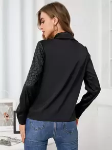 SHEIN Privé Satin Leopard Jacquard Button Up Shirt,Long Sleeve Tops