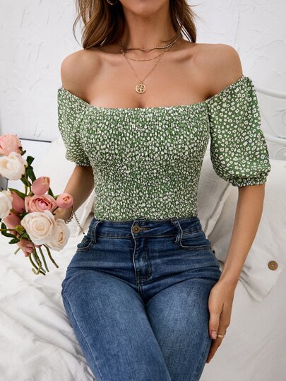 小花柄 オフショルダー シール トップス