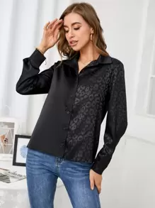 SHEIN Privé Satin Leopard Jacquard Button Up Shirt,Long Sleeve Tops
