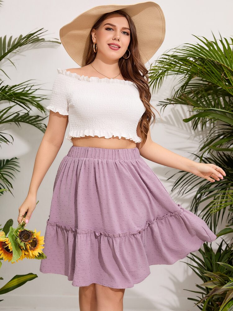 SHEIN Unity de hombros descubiertos Top corto & de lunares bajo con fruncido Falda - Multicolor - Añade 1