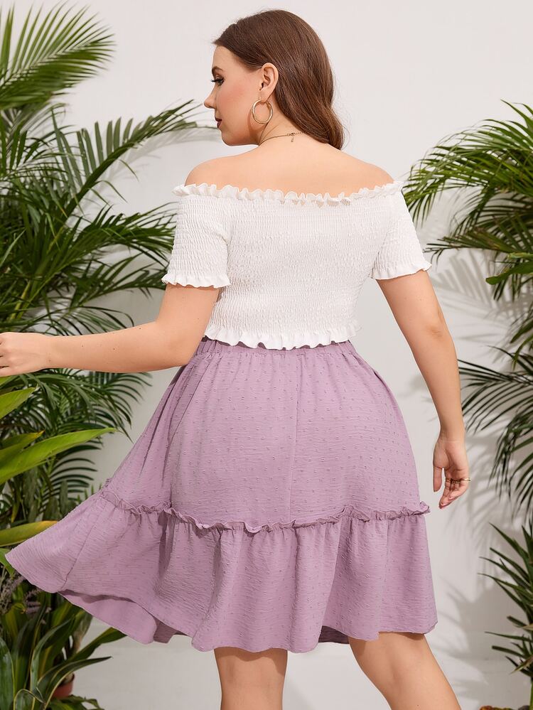 SHEIN Unity de hombros descubiertos Top corto & de lunares bajo con fruncido Falda - Multicolor - Añade 2
