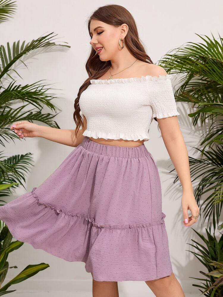 SHEIN Unity de hombros descubiertos Top corto & de lunares bajo con fruncido Falda - Multicolor - Añade 3