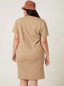 SHEIN BASICS 大碼素色開衩下擺連衣裙 - 卡其色 - 查看 2