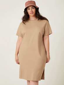 SHEIN BASICS 大碼素色開衩下擺連衣裙 - 卡其色 - 查看 3