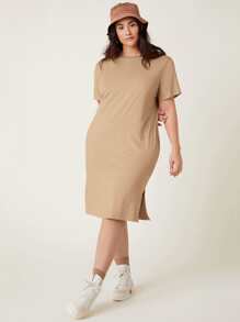 SHEIN BASICS 大碼素色開衩下擺連衣裙 - 卡其色 - 查看 4