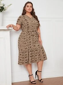 Mulvari Plus Allover Print Ruffle Hem Belted Dress