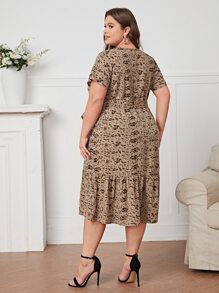 Mulvari Plus Allover Print Ruffle Hem Belted Dress