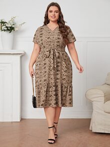 Mulvari Plus Allover Print Ruffle Hem Belted Dress