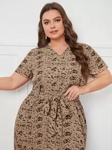 Mulvari Plus Allover Print Ruffle Hem Belted Dress