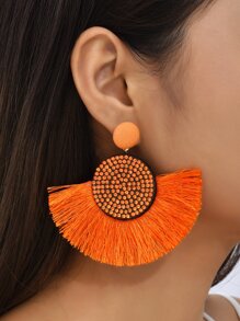 Rhinestone Decor Tassel Drop Earrings - Orange - View 1
