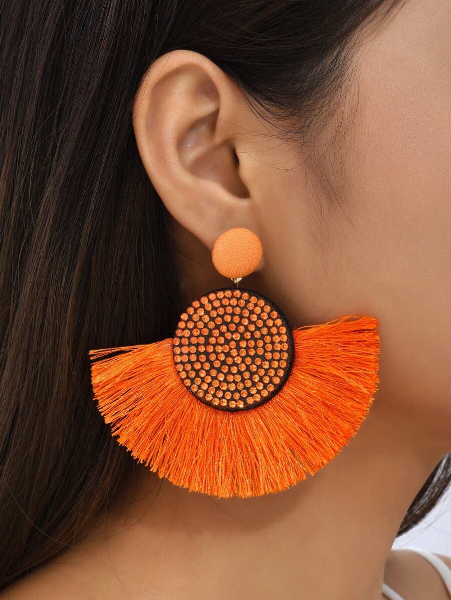 Rhinestone Decor Tassel Drop Earrings - Orange - View 1