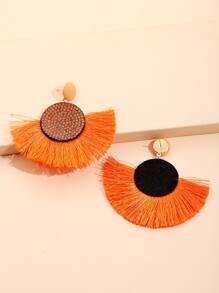 Rhinestone Decor Tassel Drop Earrings - Orange - View 2