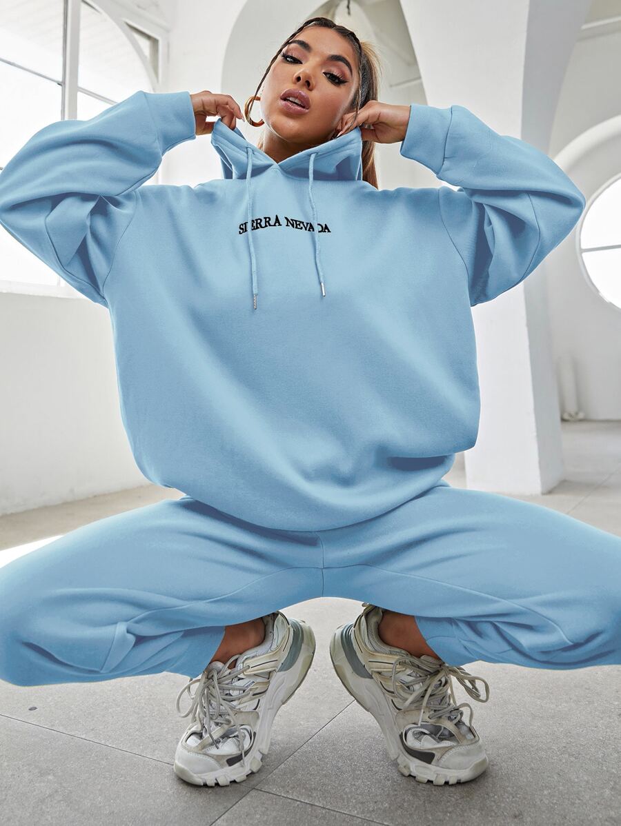 SHEIN Unity 字母刺繡落肩袖連帽衫和衛褲 - 淺藍色 - 查看 1