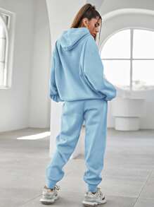 SHEIN Unity 字母刺繡落肩袖連帽衫和衛褲 - 淺藍色 - 查看 2