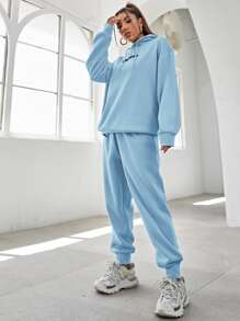 SHEIN Unity 字母刺繡落肩袖連帽衫和衛褲 - 淺藍色 - 查看 3