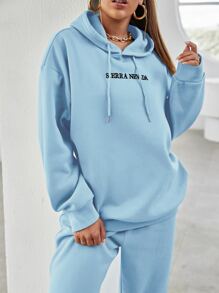 SHEIN Unity 字母刺繡落肩袖連帽衫和衛褲 - 淺藍色 - 查看 6