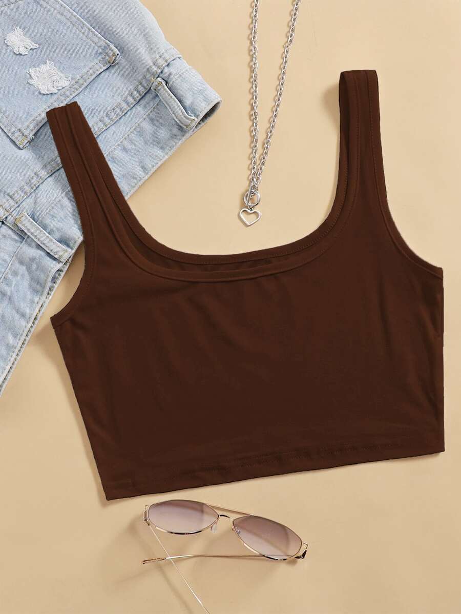 SHEIN ChicEase Solid Crop Tank Top - Chocolate Brown - View 1