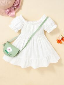 Baby Swiss Dot Shirred Bust Ruffle Hem Dress Without Bag - White - View 1