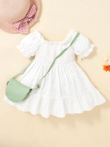 Baby Swiss Dot Shirred Bust Ruffle Hem Dress Without Bag - White - View 2