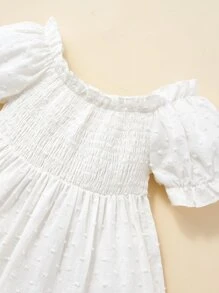 Baby Swiss Dot Shirred Bust Ruffle Hem Dress Without Bag - White - View 3