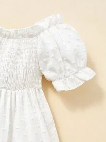 Baby Swiss Dot Shirred Bust Ruffle Hem Dress Without Bag - White - View 4
