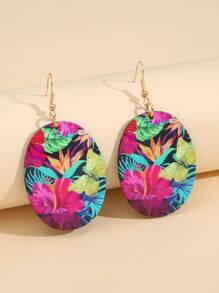 Floral Print Oval Drop Earrings - Multicolor - View 1