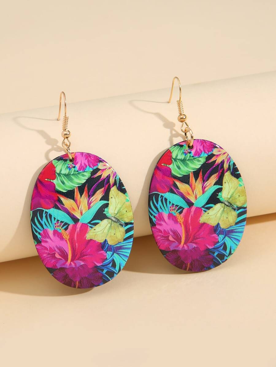 Floral Print Oval Drop Earrings - Multicolor - View 1