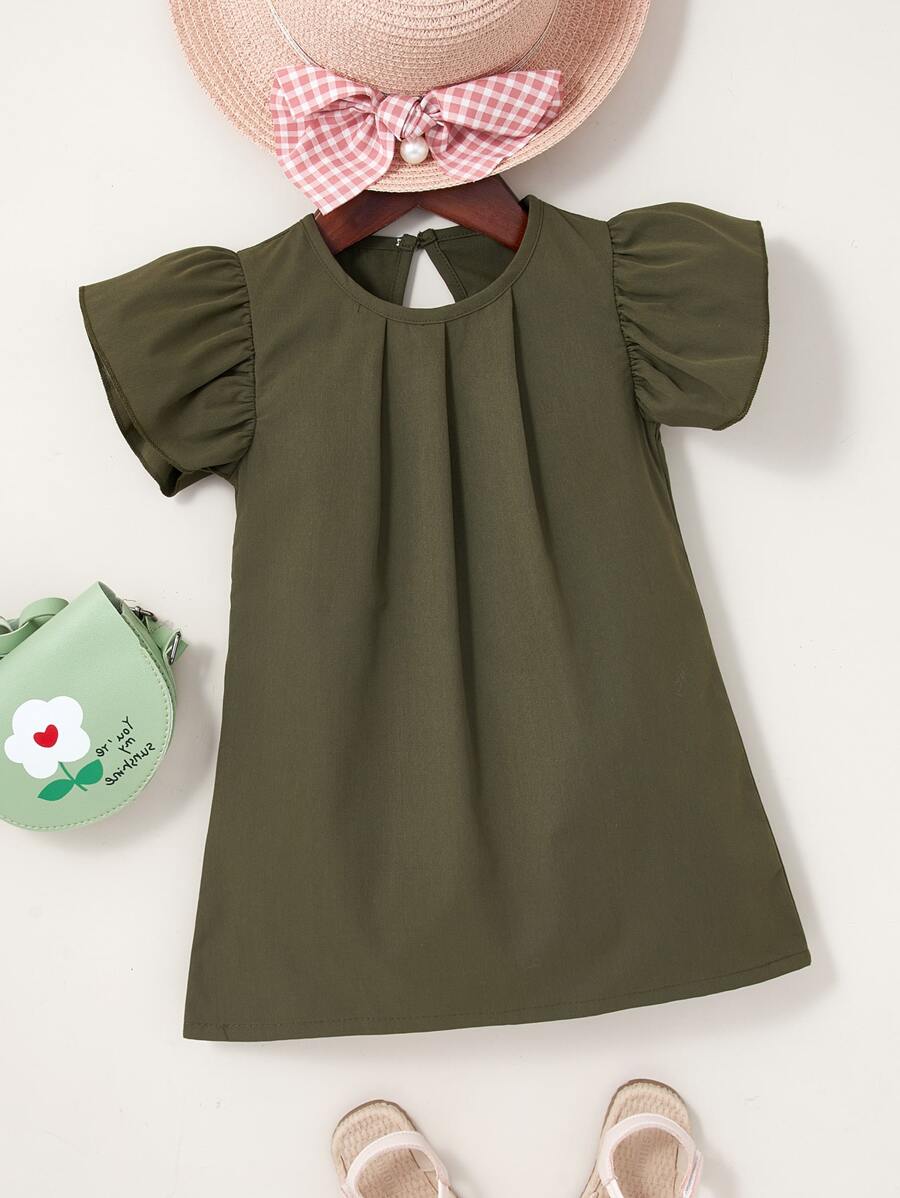 Baby Butterfly Sleeve Plicated Detail Dress - Army Green - View 1
