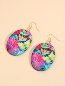 Floral Print Oval Drop Earrings - Multicolor - View 4
