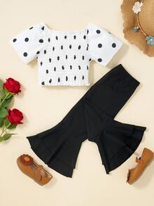 Bộ đồ Em bé Viên lá sen phân lớp Dải chun Chấm bi Ăn mặc đẹp - Đen và trắng - Xem 2