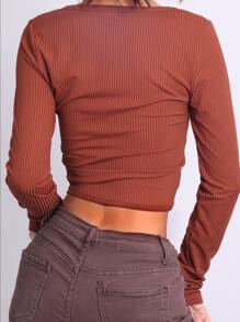 SHEIN EZwear Scoop Neck Ribbed Knit Crop Tee - Rust Brown - View 2