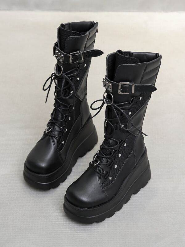 Women's Punk Buckled Lace-up High Boots