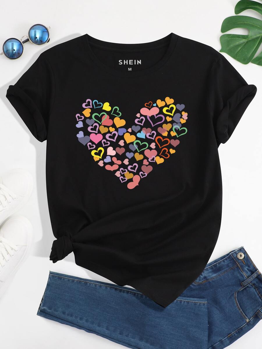 SHEIN LUNE Camiseta con estampado de corazón de cuello redondo - Negro - Ver 1