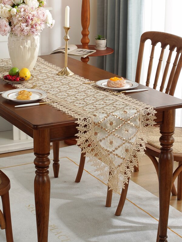 1pc Double-Layer Polyester Fabric Gold Sequin Water-Soluble Lace Wedding Party Table Runner