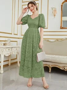 Sweetheart Neck Puff Sleeve Lace Formal Dress - Mint Green - View 1