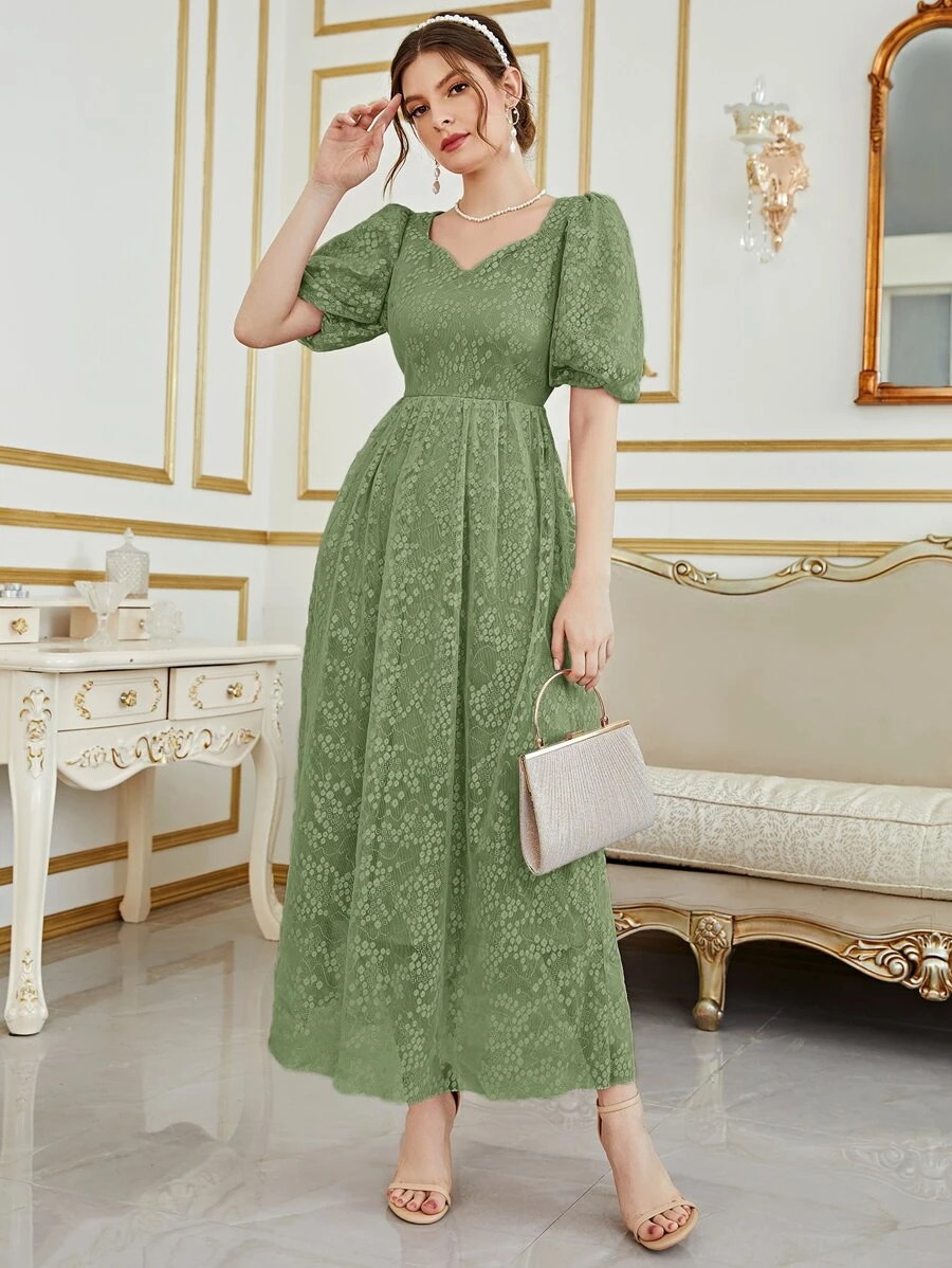 Sweetheart Neck Puff Sleeve Lace Formal Dress - Mint Green - View 1