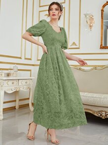 Sweetheart Neck Puff Sleeve Lace Formal Dress - Mint Green - View 6
