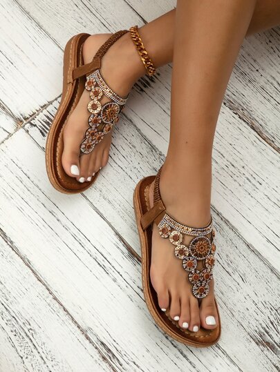 Women Rhinestone Decor Ankle Strap Thong Sandals