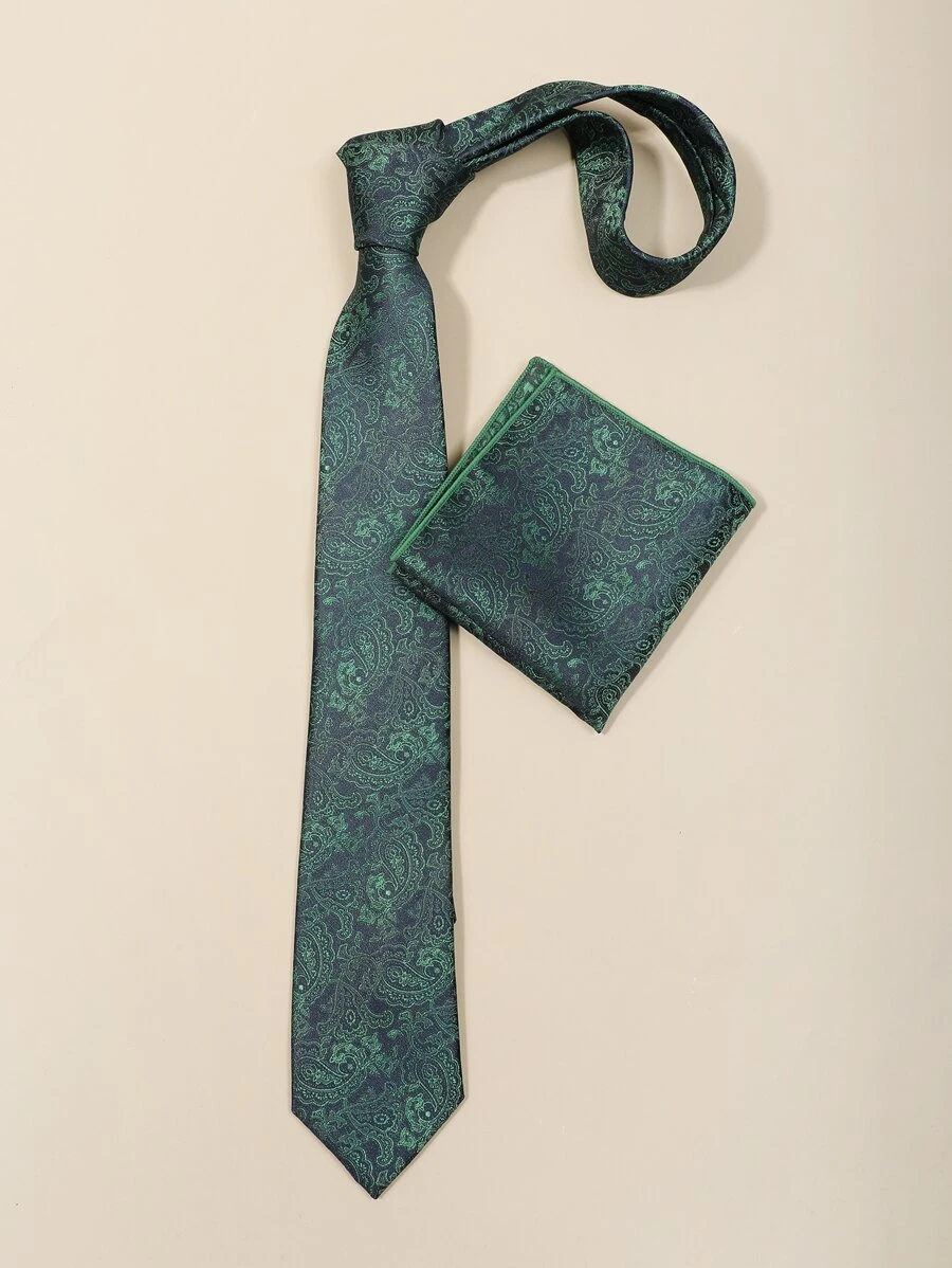Men Paisley Print Neck Tie & Handkerchief Scarf For Wedding And Business Use Decoration Work - Green - View 1