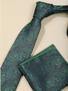Men Paisley Print Neck Tie & Handkerchief Scarf For Wedding And Business Use Decoration Work - Green - View 2