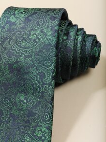 Men Paisley Print Neck Tie & Handkerchief Scarf For Wedding And Business Use Decoration Work - Green - View 4